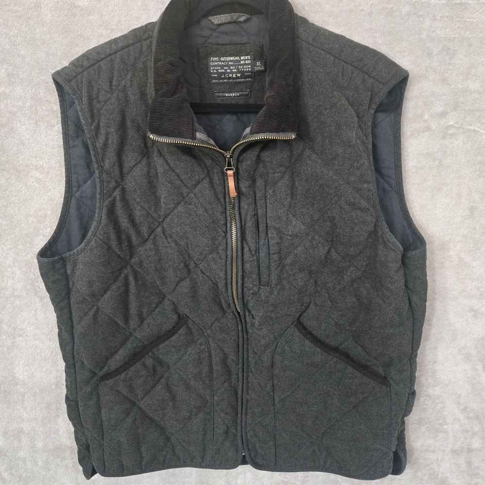 J. Crew Mens Sussex Vest Full Zip Quilted Primaloft Gray Black‎ XL Corduroy